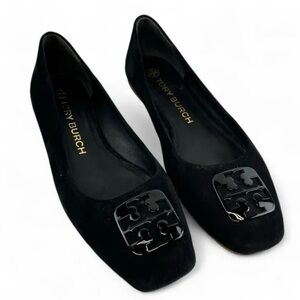 Tory Burch Black Suede Logo Square-Toe Ballet Flats Sz 9M